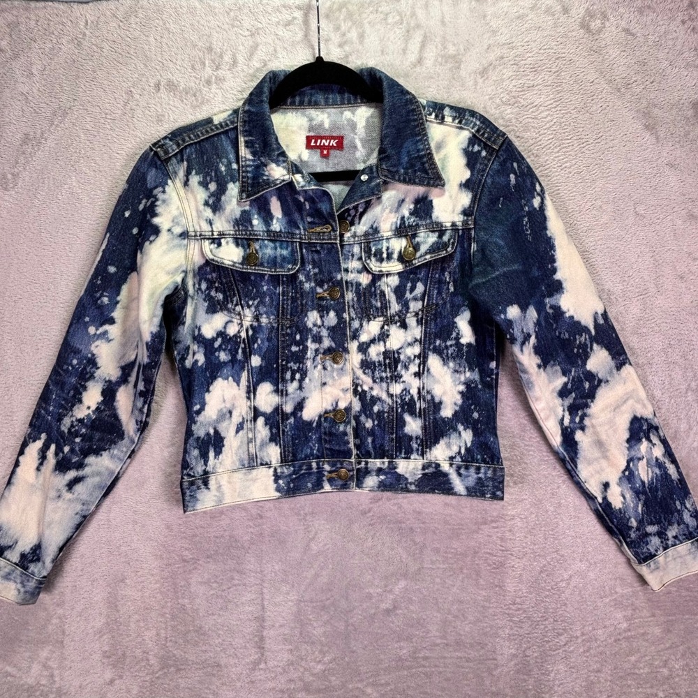 LINK Women Denim Jacket Size M Blue White Acid Wash Cropped Trucker Coat - Picture 5 of 8